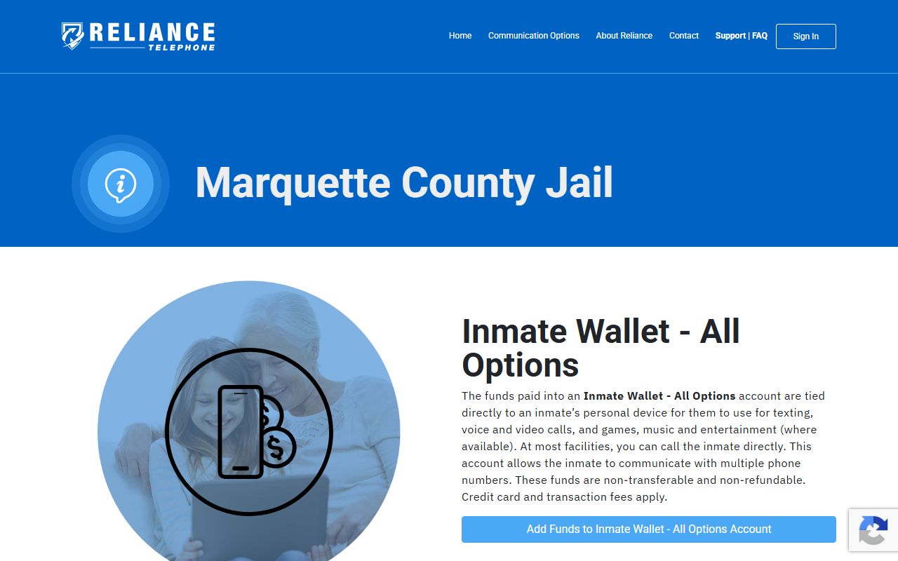 Marquette County Jail Reliance Telephone inmate communication page