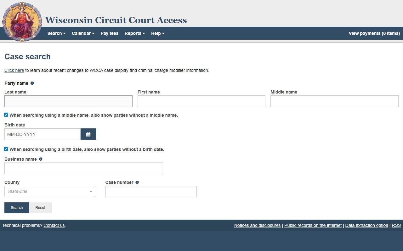 WCCA search fields for Marquette County court records after jail arrest